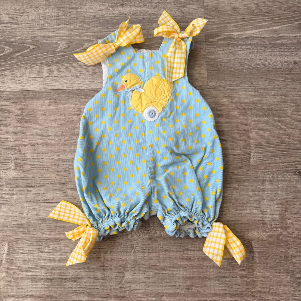 The Bailey Boys Blue Corduroy Duck Bubble Romper Polka Dot Yellow Gingham 3M